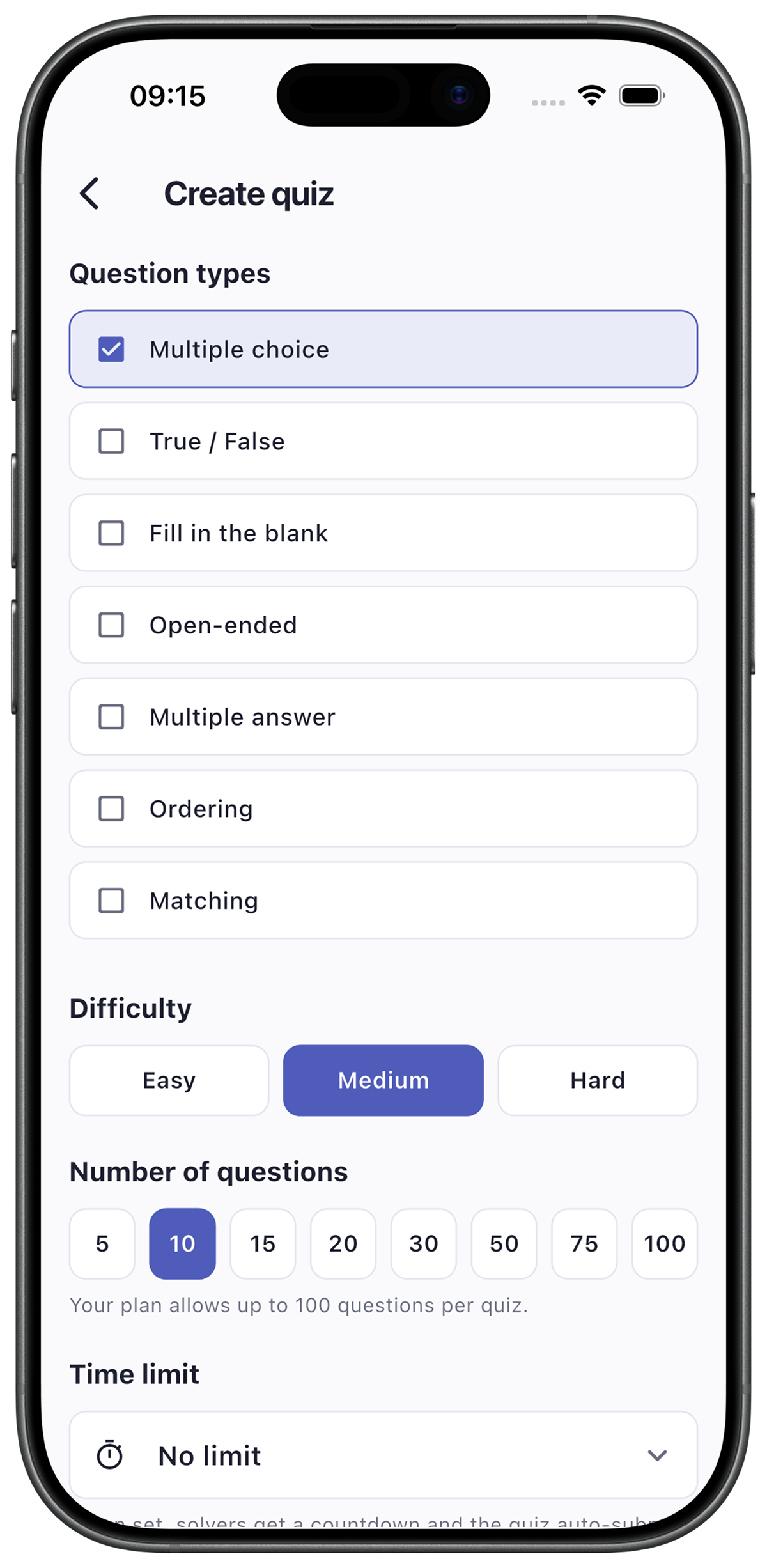QuizSis mobil — soru tipleri ve zorluk